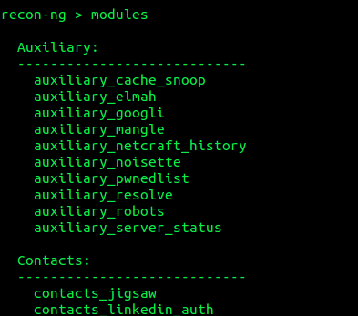 recon-ng - sample of the available modules
